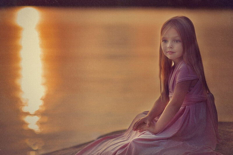 Girl in Pink Dress — Serene, Sunset, Photograph, Water