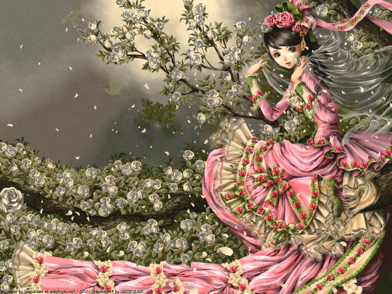 girl in pink dress under roses