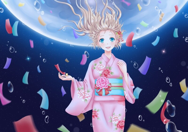 girl in pink kimono with confetti