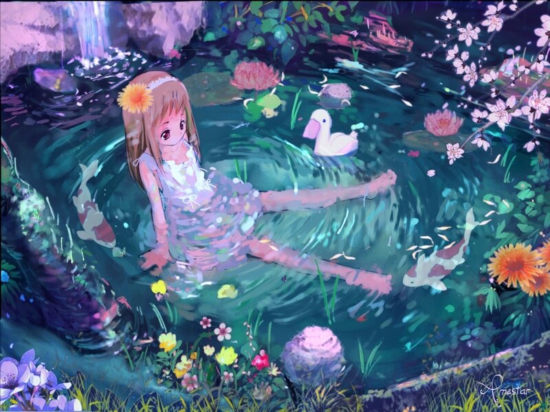 Girl in Pond with Koi