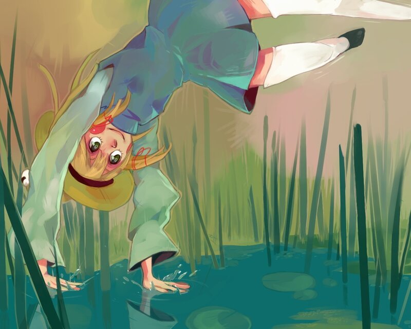 girl in pond with reeds