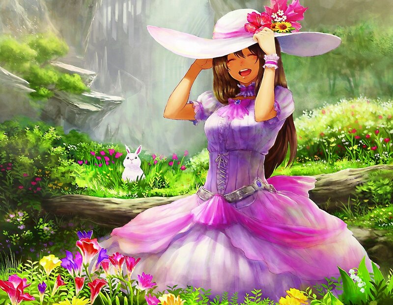 Girl in Purple Dress — Serene, Spring, Digital Art, Rabbit
