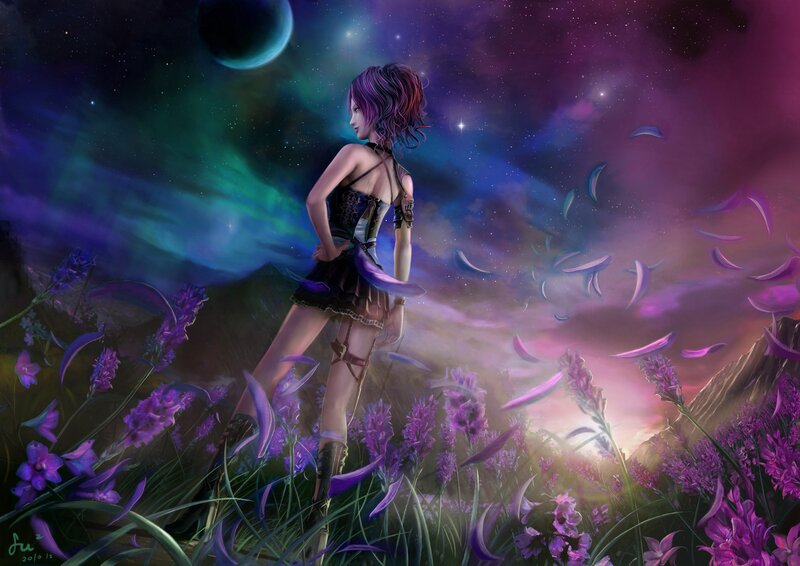 girl in purple field under stars