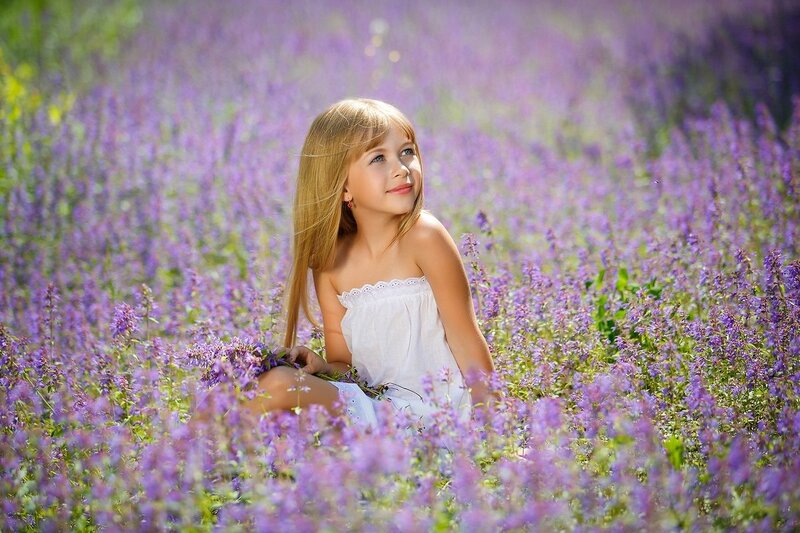 Girl in Purple Flowers — Serene, Afternoon