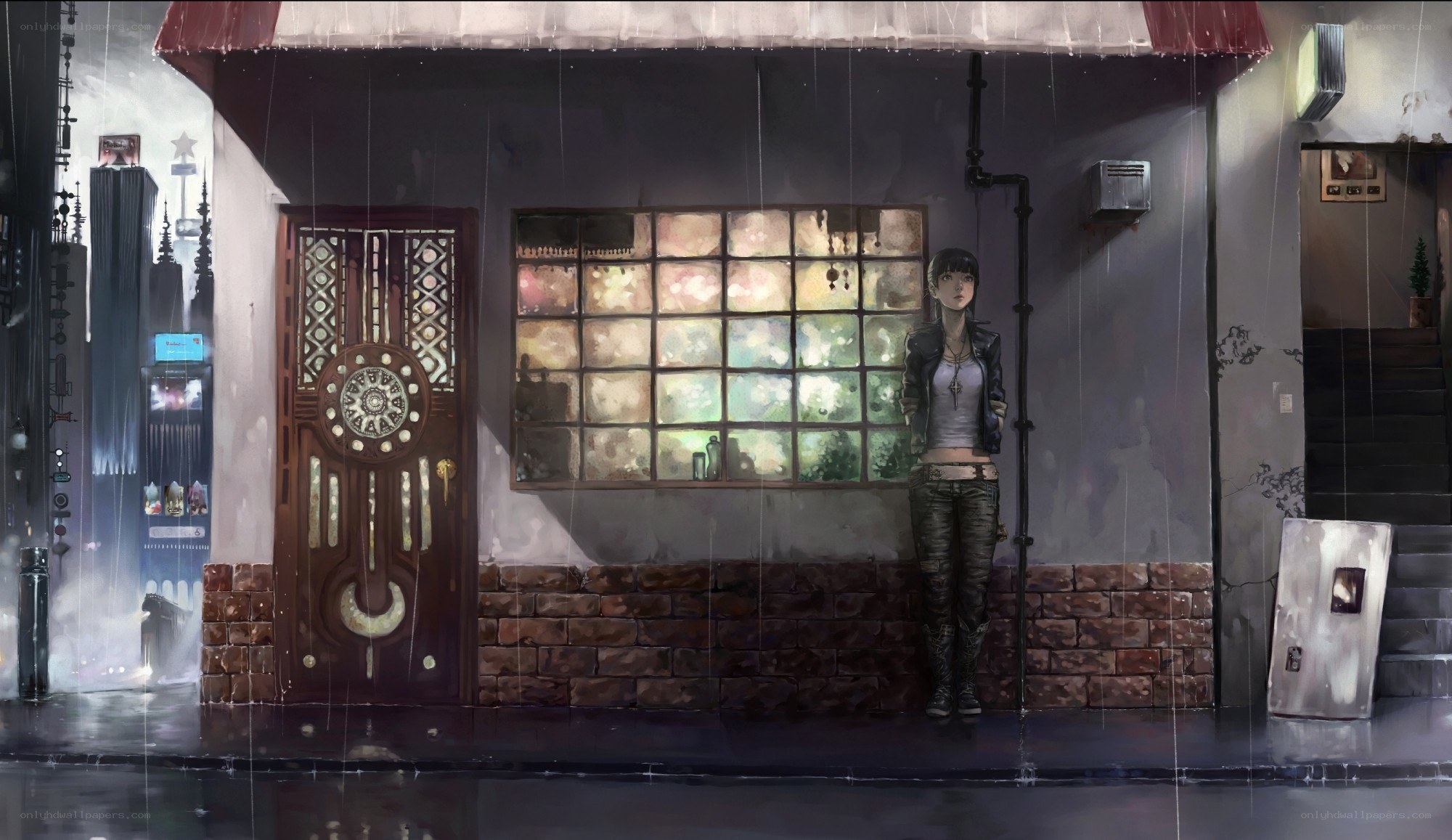 girl in rain by storefront