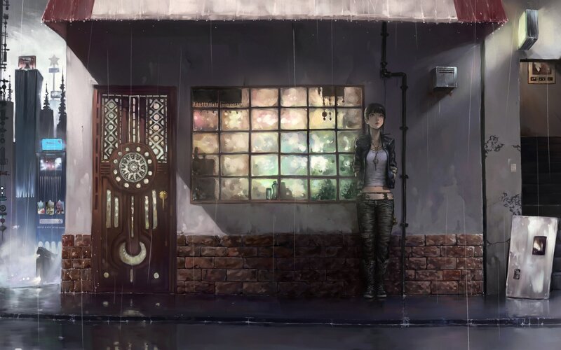 girl in rain by storefront