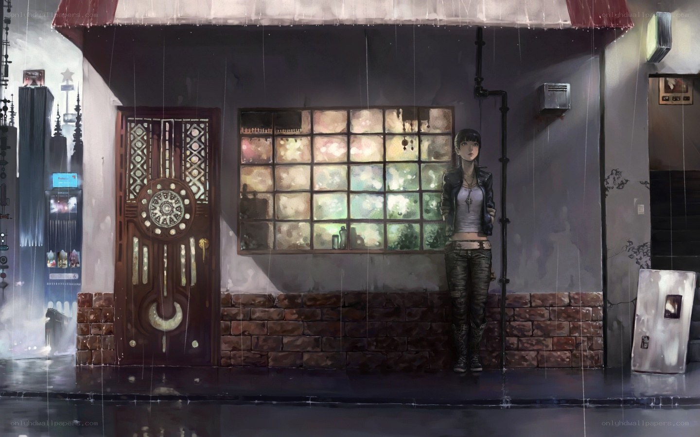 girl in rain by storefront