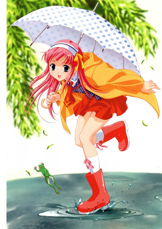 girl in rain gear jumping