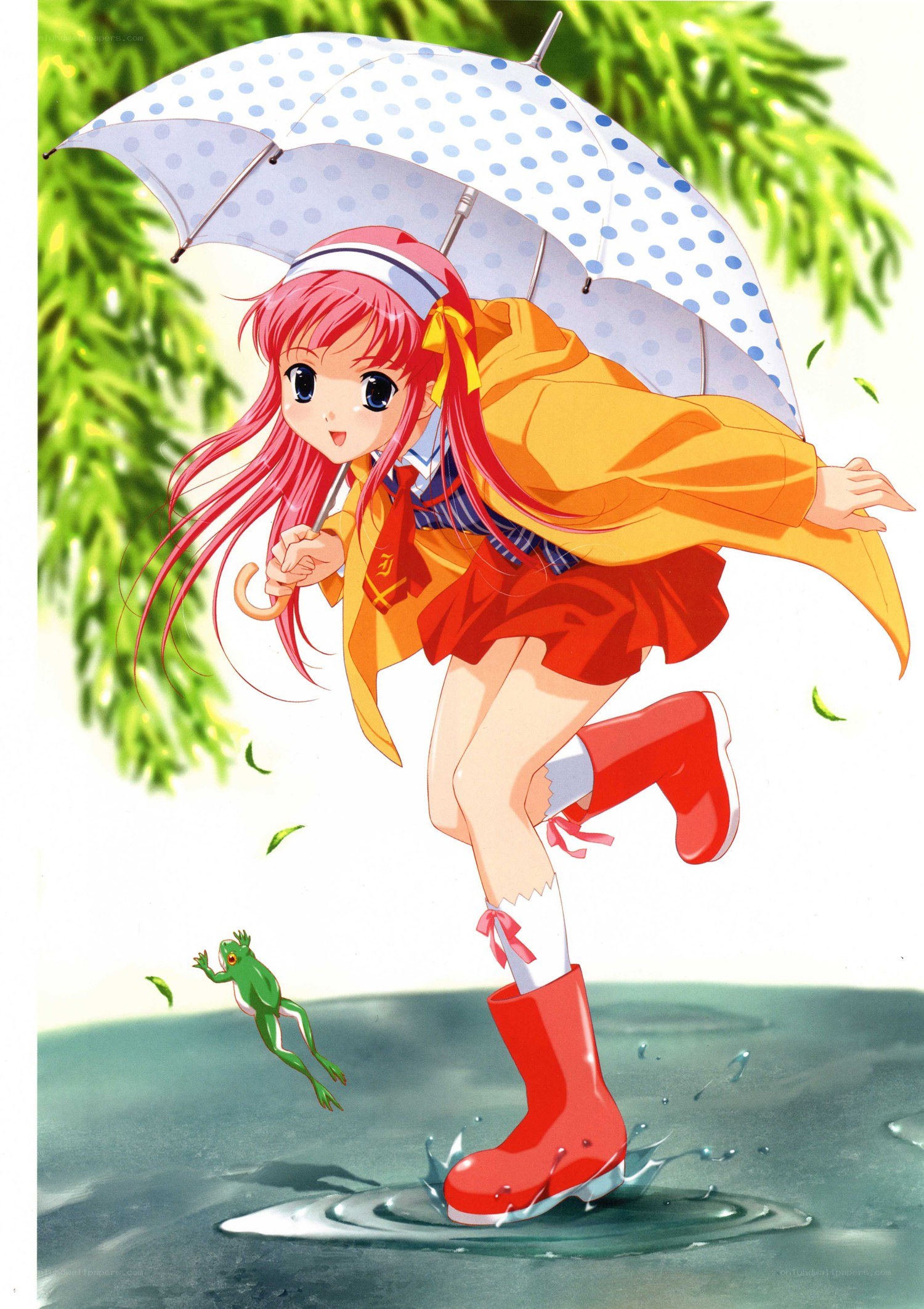 girl in rain gear jumping