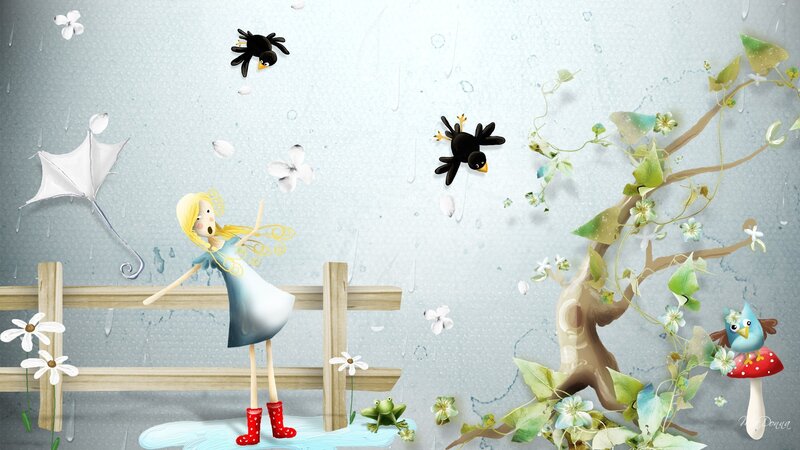 Girl in Rain with Birds