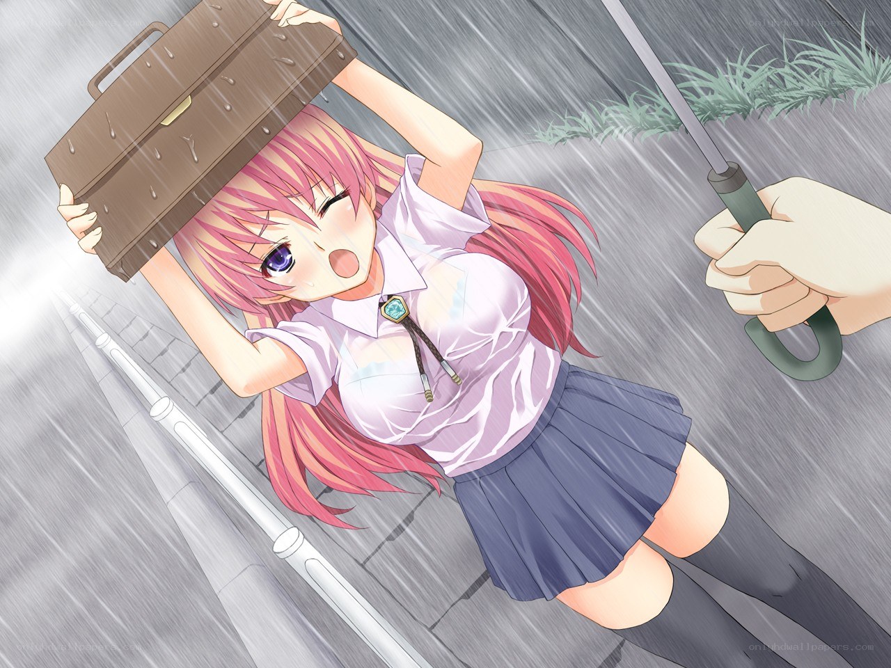 Girl in rain with briefcase
