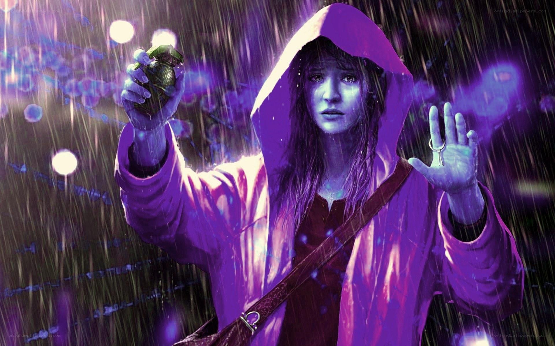 girl in rain with grenade