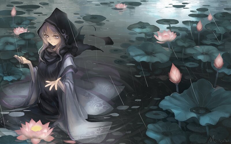 girl in rain with lotus flowers