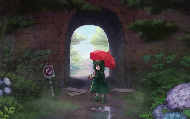 Girl in rain with red umbrella