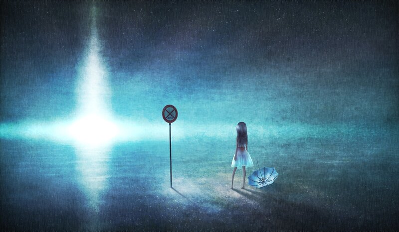 Girl in Rain with Umbrella — Blue