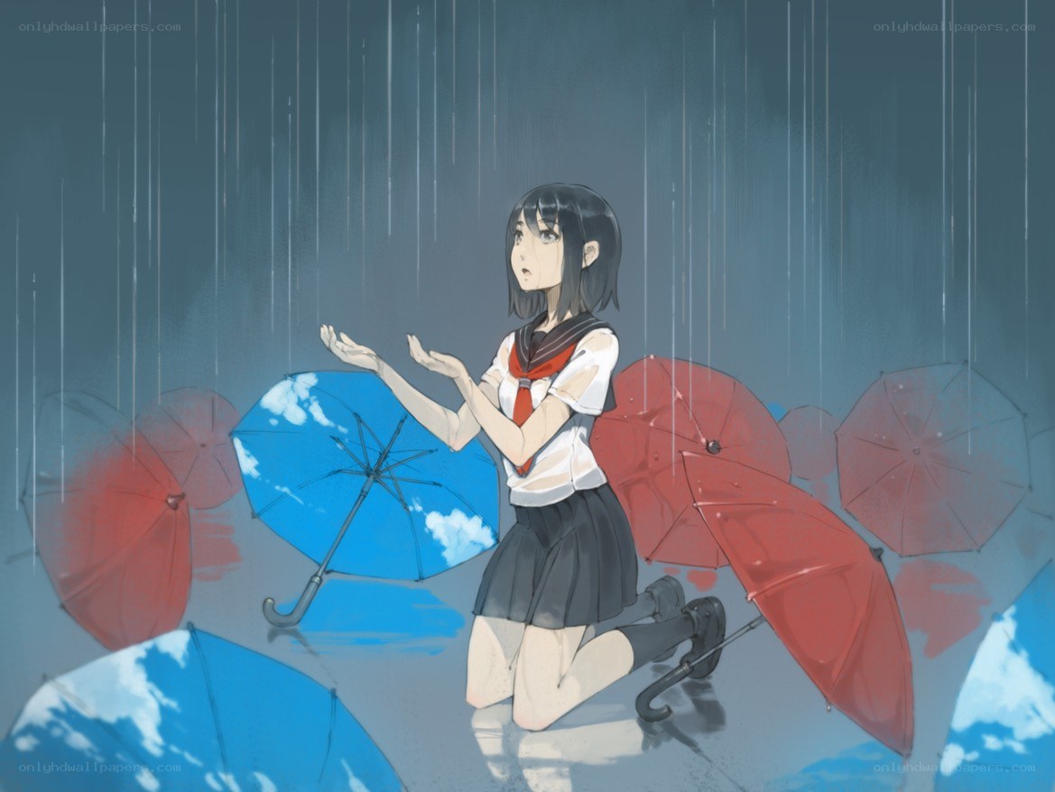 girl in rain with umbrellas