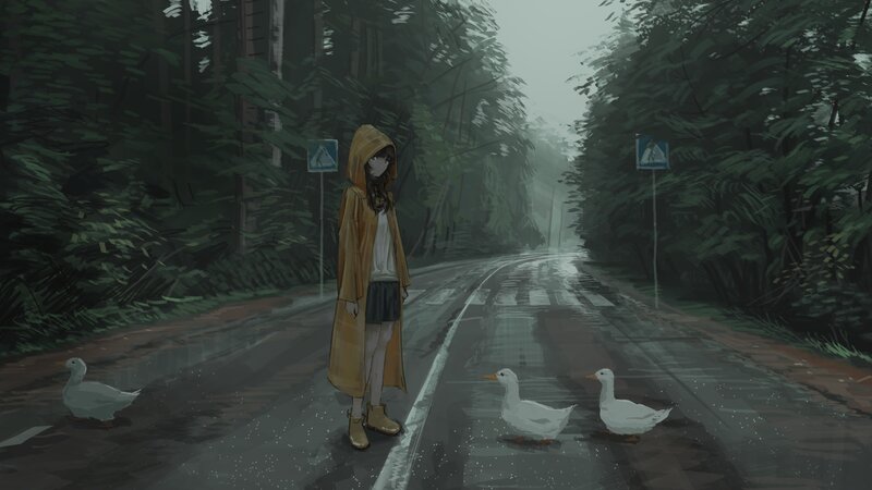 Girl in Raincoat on Road