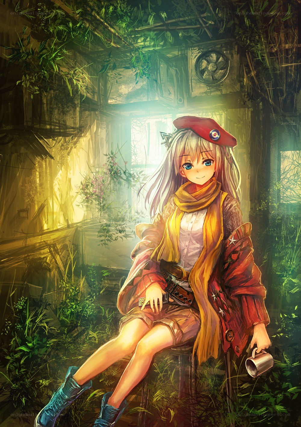 girl in red beret sitting