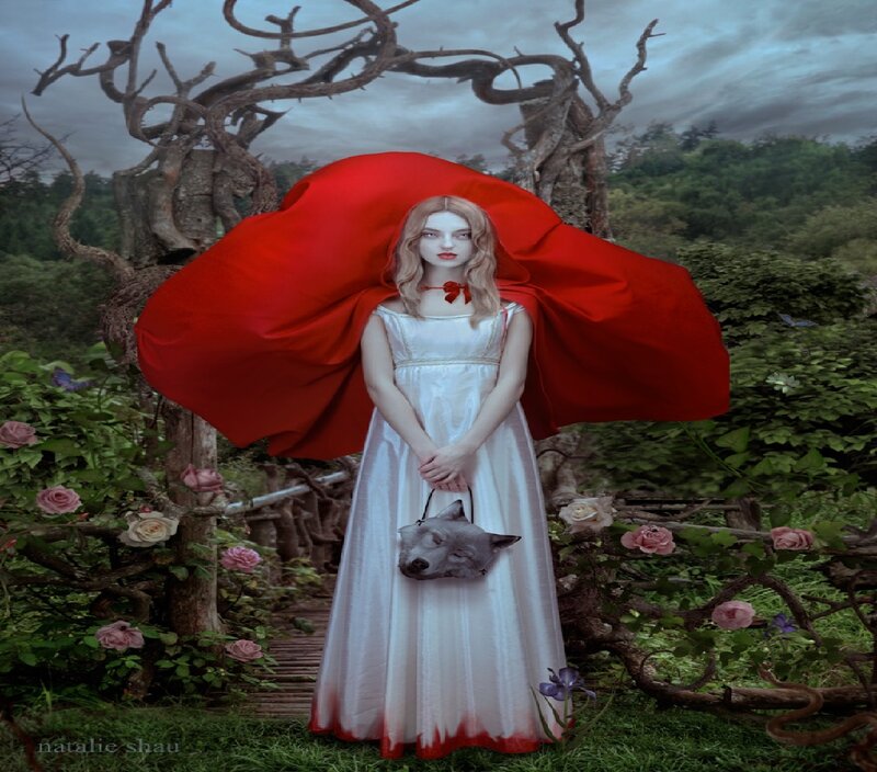Girl in Red Cloak — Dramatic, Digital Art, Wolf Mask