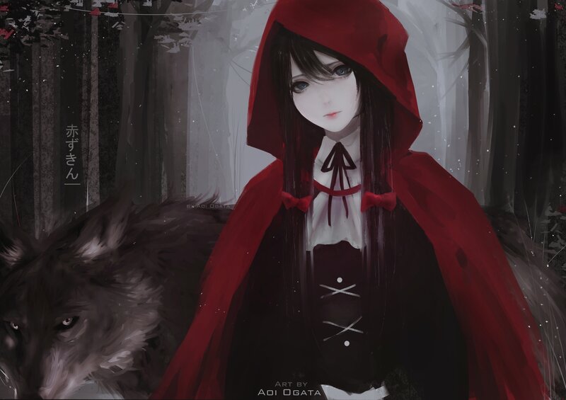 Girl in Red Cloak — Dramatic, Night, Digital Art, Wolf, Forest, Hooded Cloak