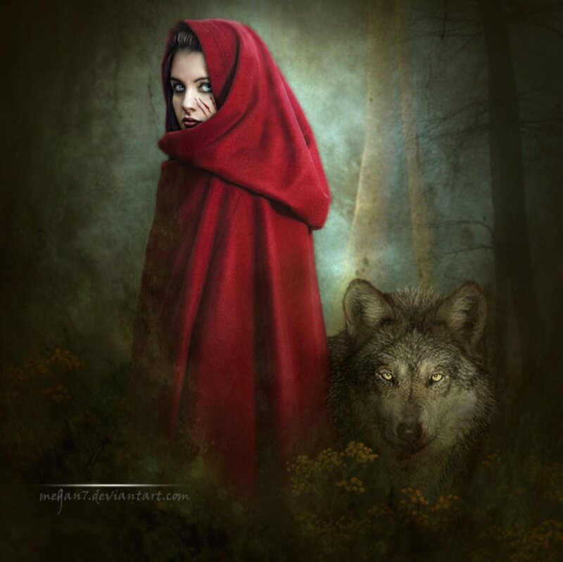Girl in Red Cloak — Dramatic, Night, Digital Art, Wolf, Forest