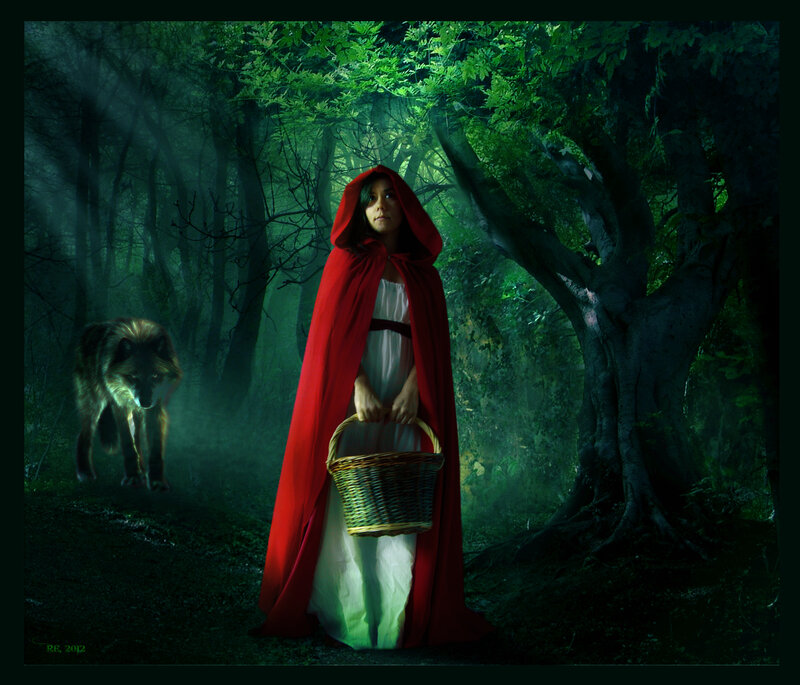Girl in Red Cloak — Dramatic, Night, Digital Art, Wolf