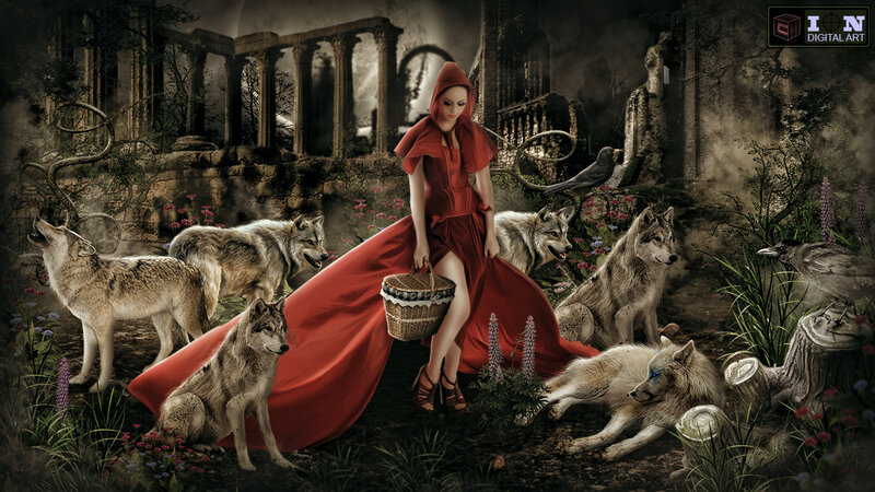 Girl in Red Cloak — Dramatic, Night, Digital Art, Wolves