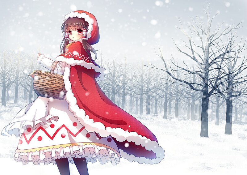 girl in red cloak in snow