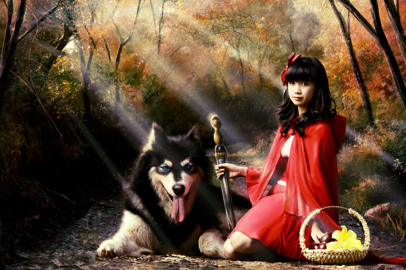 Girl in Red Cloak with Husky — Dramatic