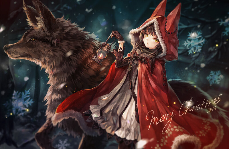 Girl in Red Cloak with Wolf — Mysterious, Night