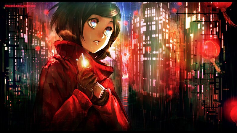 Girl in red coat at night