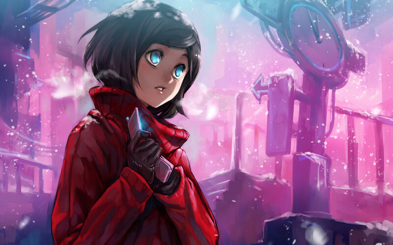 girl in red coat in snowy city