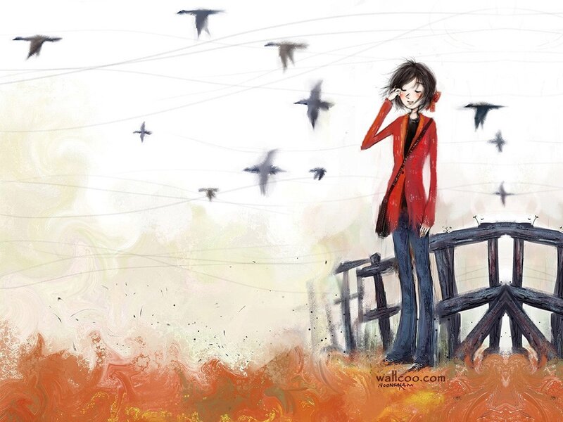 Girl in red coat on bridge