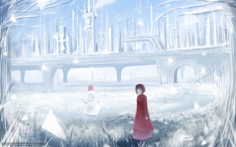 girl in red coat with snowman