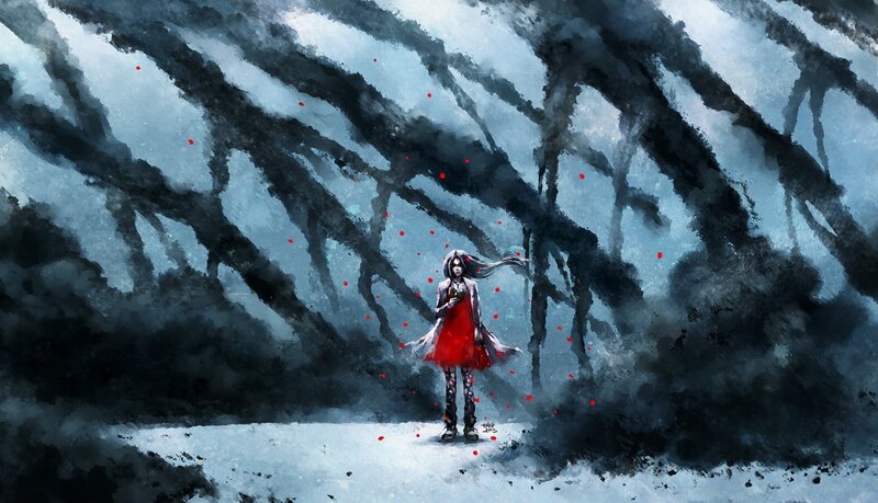 Girl in Red Dress — Black, Dramatic, Winter, Digital Art, Trees