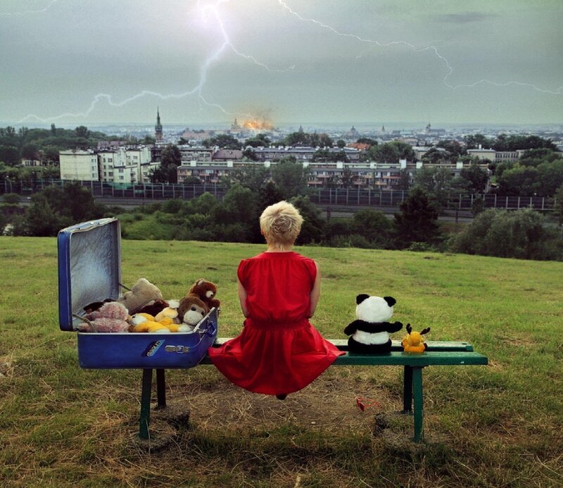 Girl in Red Dress — Dramatic, Afternoon, Photograph, Suitcase