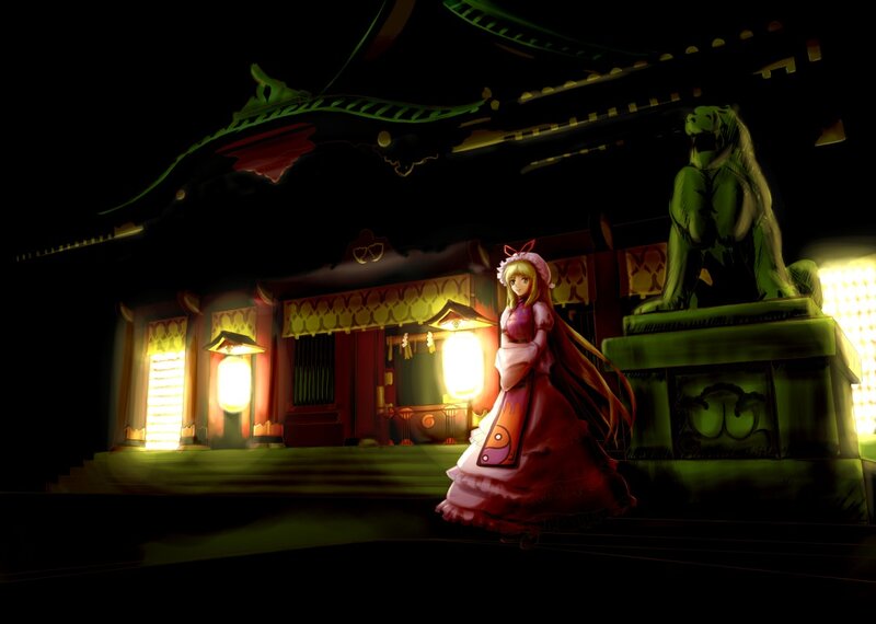 Girl in Red Dress — Dramatic, Night, Anime, Temple