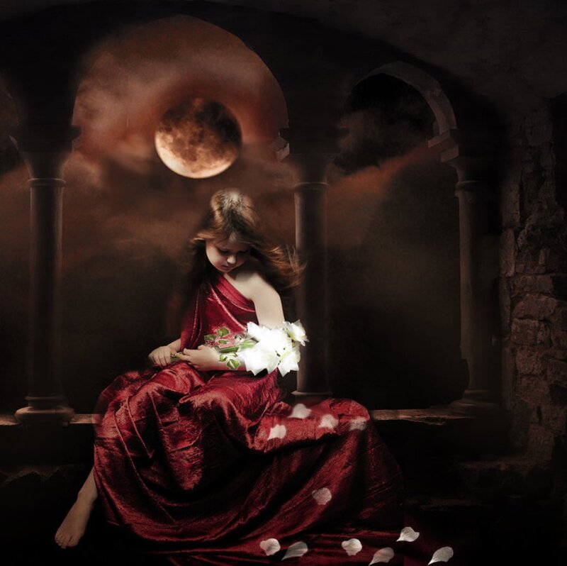 Girl in Red Dress — Dramatic, Night, Digital Art, Flowers