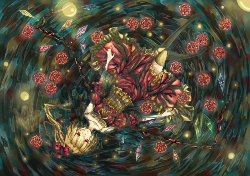 girl in red dress floating underwater