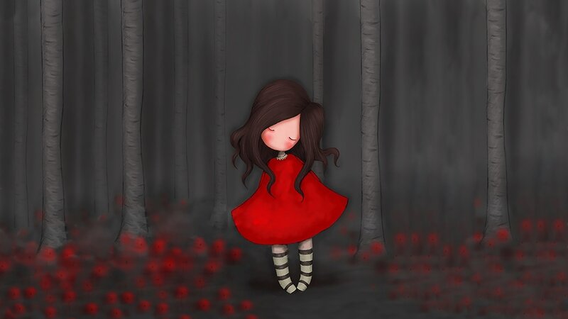 girl in red dress forest