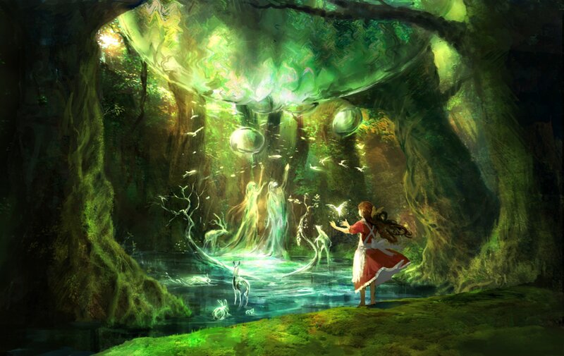 Girl in Red Dress — Green, Serene, Night