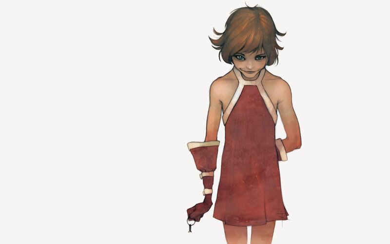 girl in red dress holding key