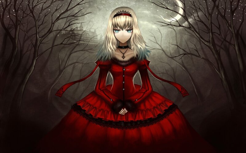 girl in red dress in forest