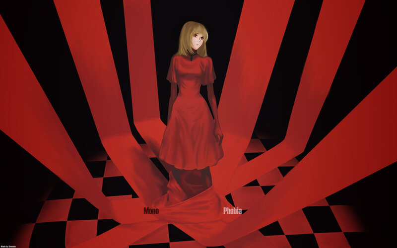 girl in red dress in red tunnel