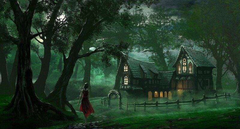 girl in red dress near forest house