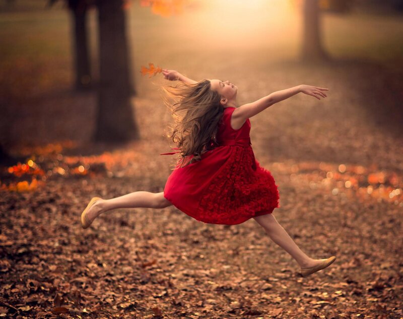 Girl in Red Dress — Playful, Autumn