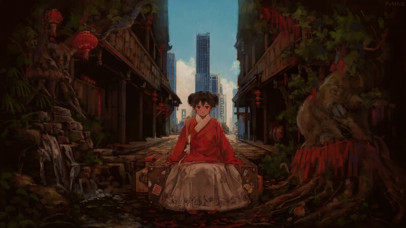 Girl in Red Dress — Serene, Afternoon, Digital Art