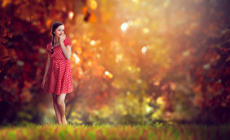 Girl in Red Dress — Serene, Autumn, Photograph, Trees