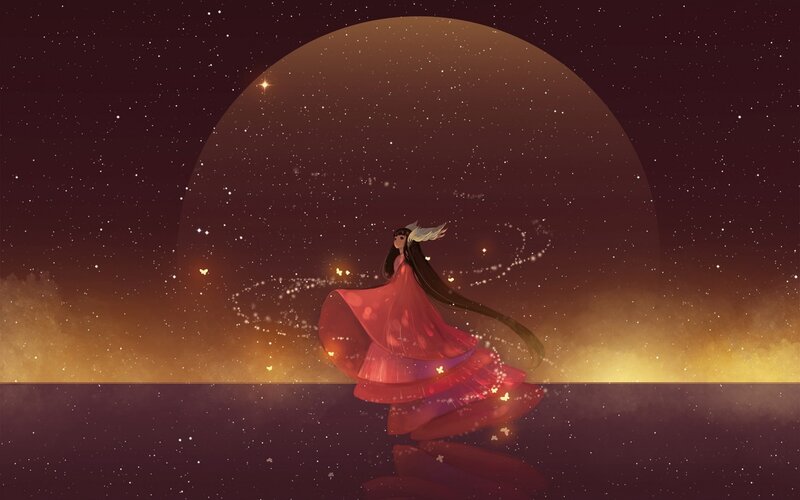 Girl in Red Dress — Serene, Night, Digital Art