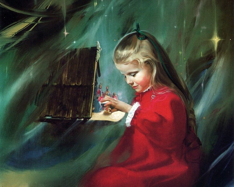 Girl in Red Dress — Serene, Night, Painting